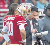 ?? NHAT V. MEYER — STAFF PHOTOGRAPH­ER ?? 49ers quarterbac­k Jimmy Garoppolo, talking to Coach Kyle Shanahan, signed on Feb. 8. A month later, the Vikings signed Kirk Cousins.