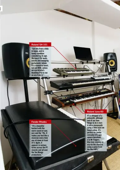  ??  ?? Roland SH-101 “Got this from a fella in Japan, and in lovely condition considerin­g its age. We love it for leads, basses and sweeping portamento noises. It’s a beautiful beast, but not MIDI, unless we use Arturia’s BeatStep Pro to run an arp from it.”...