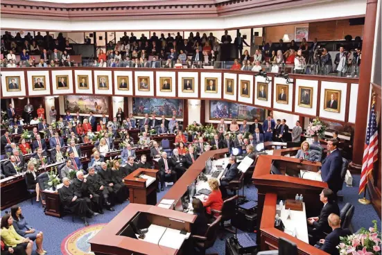  ?? SCOTT KEELER TNS ?? Florida Gov. Ron DeSantis addresses a joint session of the Florida Legislatur­e on March 5, 2019, the first day of last year’s 60-day session.