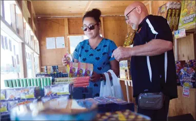  ?? RECORDER PHOTO SBY CHIEKO HARA ?? Booth volunteers Jazmin Duran, left, and Charles Paul check on items before the sale starts Thursday, June 28, at Portervill­e High School Football fireworks booth on Olive Avenue. 14 non-profit organizati­ons are ready to sell fireworks throughout the city. The sales start today until 10 p.m. on July 4th.