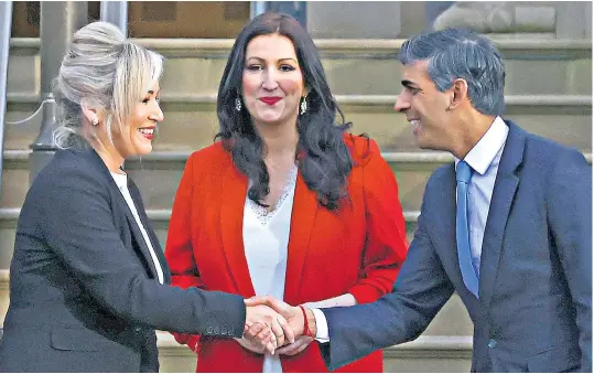  ?? ?? Rishi Sunak with Michelle O’neill, Northern Ireland’s First Minister, second left, and Emma Littlepeng­elly, Deputy First Minister