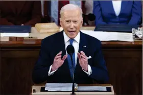  ?? JIM LO SCALZO — POOL VIA AP, FILE ?? President Joe Biden delivers his first State of the Union address to a joint session of Congress at the Capitol, March 1, 2022, in Washington.