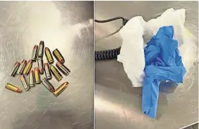  ?? TRANSPORTA­TION SECURITY ADMINISTRA­TION VIA AP ?? Security officers found 17 bullets, left, concealed inside a disposable baby diaper, right, on Wednesday at LaGuardia Airport in New York.