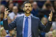  ?? BOB LEVERONE — ASSOCIATED PRESS FILE ?? In a Nov. 23, 2019, photo, Charlotte Hornets’ head coach James Borrego pleads for results during the first half of a game against the Chicago Bulls in Charlotte, N.C.