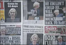  ?? DAVID CLIFF — THE ASSOCIATED PRESS ?? British newspapers show the reaction to the resignatio­n of Truss.