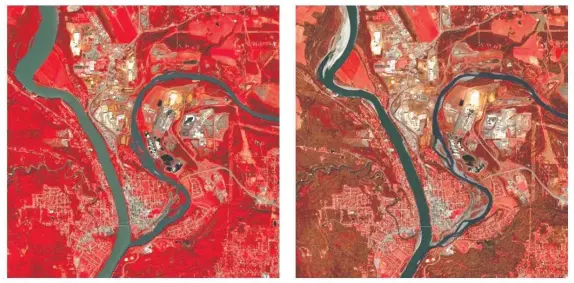  ?? — THE EUROPEAN UNION, CANADIAN SPACE AGENCY/VIA THE CANADIAN PRESS ?? Side-by-side handout images, shown in infrared, taken by the European Space Agency's Sentinel-2 satellite, show the Quesnel River as it meets the Fraser River in Quesnel in May 2023, left, compared with May 2024.