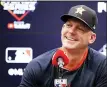  ?? ASSOCIATED PRESS FILE PHOTO ?? Former Houston Astros manager AJ Hinch speaks before Game 5 of the 2019 World Series. He was fired three months in the wake of a sign stealing scandal. Hinch was named Tigers manager in October.