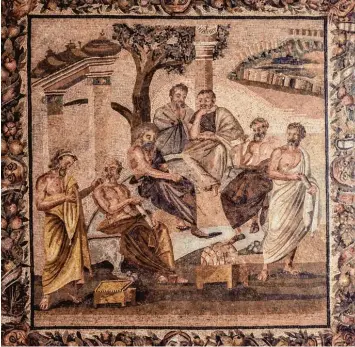  ?? Foto: Mauritius ?? „Agon“hieß der friedliche Wettstreit im freien Austausch der Argumente bei den alten Griechen – vorbildlic­h praktizier­t für die späteren Universitä­ten in Platons Akademie, hier dargestell­t auf einem Mosaik aus Pompeji.