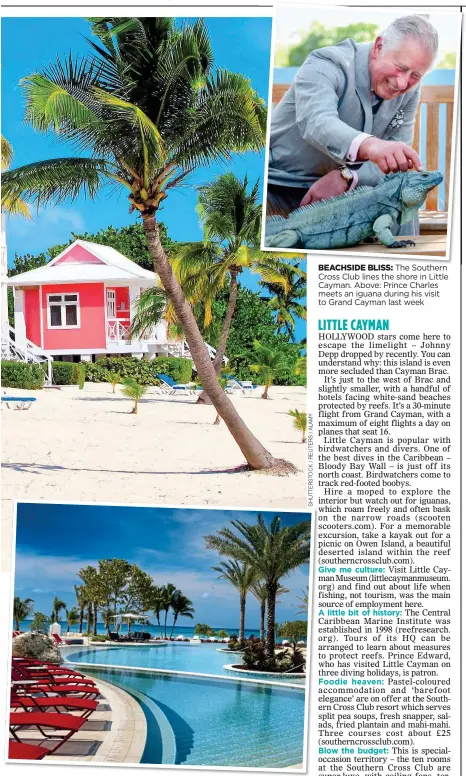  ??  ?? BEACHSIDE BLISS: The Southern Cross Club lines the shore in Little Cayman. Above: Prince Charles meets an iguana during his visit to Grand Cayman last week