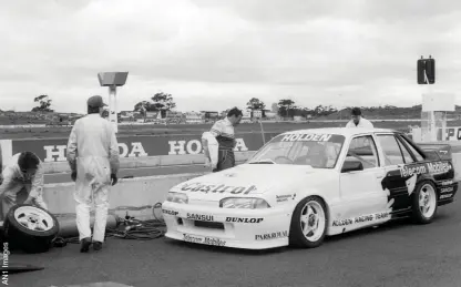  ??  ?? Top: First track appearance of the Holden Racing Team name as Larry Perkins tests the VL ahead of its race debut in the ‘89 enduros - more than two years after it was first assembled in the UK! Above: Steve Harrington at the wheel at the car’s debut in the Sandown 500. Harrington wouldn’t be part of that year’s HRT Bathurst squad (below, left) with Win Percy joining Neil Crompton, while Perkins shared the #16 entry with Tomas Mezera.