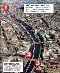  ??  ?? 1 wATER mARk: Heuston Station will mark the upstream limit of the service EnD of ThE linE: The terminus of the 5km service, and (1) the tower site near the Convention Centre23