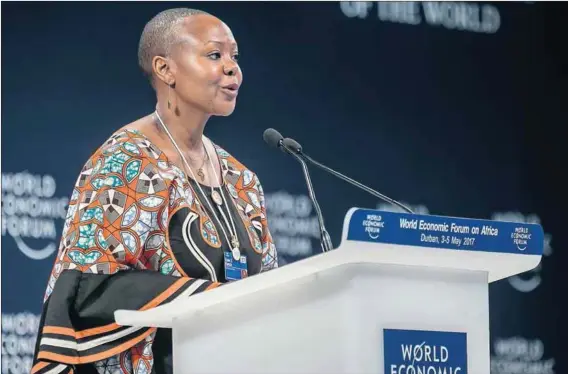  ?? Photo: Greg Beadle/WEF ?? Elsie Kanza, member of the WEF executive committee, speaks at the World Economic Forum on Africa in Durban.