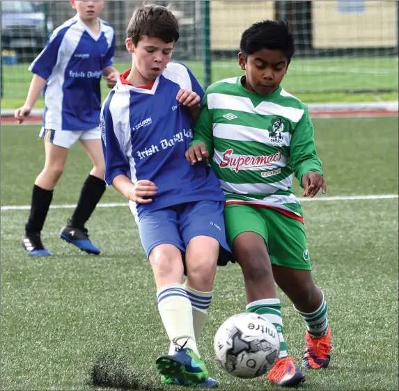  ??  ?? Shane Clifford, Killorglin B (left), is challenged by Vishnu Mandharan, Killarney Celtic, in their Kerry Schoolboys League U-12 Division 1 match at Celtic Park, Killarney on Sunday. Photo by Michelle Cooper Galvin