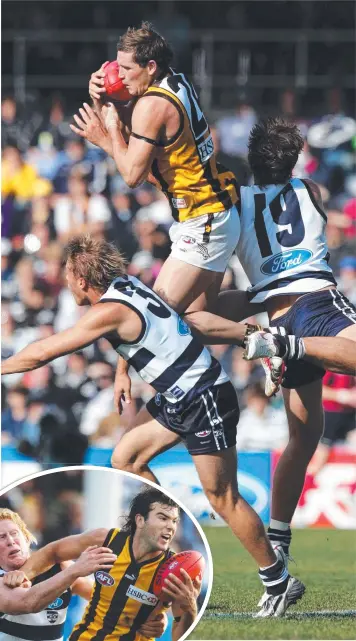 ??  ?? UP FOR IT: Hawthorn’s Trent Croad (above) and team teammates including Jordan Lewis (pictured left with Cameron Came Ling) rose to the occasion last time the Hawks came to play at Kardinia Park in 2006.