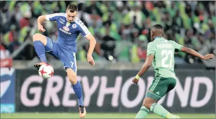  ??  ?? NICE TOUCH: Supersport’s Bradley Grobler is challenged by Patrick Phungwayo of Orlando Pirates during the Nedbank Cup final at Moses Mabhida Stadium last night. It was a final farewell to coach Stuart Baxter. JACQUES VAN DER WESTHUYZEN