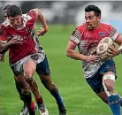  ??  ?? Above, Horowhenua-Kapiti’s Willie Paia’aua makes a break against Poverty Bay. Right, First-five James So’oialo weaves some magic in H-K’s 39-5 win.