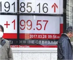  ??  ?? TOKYO: Men stand in front of an electronic stock board showing Japan’s Nikkei 225 index at a securities firm in Tokyo yesterday. —AP