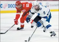  ?? AP PHOTO DUANE BURLESON ?? Tampa Bay Lightning center Tyler Johnson (9) drives down the ice past Detroit Red Wings defenseman Trevor Daley (83) for an unassisted goal during the first period of an NHL hockey game Monday in Detroit.