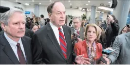  ?? J. Scott Applewhite The Associated Press ?? Sen. Richard Shelby, R-ala., the top Republican on the bipartisan group working to craft a border security compromise, is joined by Sen. John Hoeven, R-N.D., left, and Sen. Shelley Moore Capito, R-W.VA., right, as they speak with reporters Wednesday on Capitol Hill. Shelby is chairman of the Senate Appropriat­ions Committee.