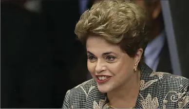 ?? Associated Press ?? Brazil's suspended President Dilma Rousseff speaks Monday during her impeachmen­t trial in Brasilia, Brazil.