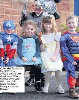  ??  ?? Colourful Pupils from Meigle Primary School’s primary one class (from left) Isla Hughes, Demi-Leigh Gall, Logan Daly (standing), Emily Murray and Jamie Douglas