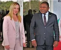  ?? ?? SINTONIA Giorgia Meloni, 47, accolta nel 2023 dal presidente del Mozambico Filipe Nyusi, 64.