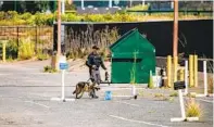  ?? SAM HODGSON U-T ?? A Navy police officer searches with a K-9 for the suspect on Naval Base San Diego on Monday.