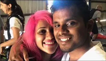  ?? VIshnu VIsWanath/FacebOOk VIa aP ?? This photo obtained from Facebook posted on 2017 shows a selfie of Vishnu Viswanath (right) and his wife Meenakshi Moorthy at Skydive Santa Barbara in Lompoc, Calif.