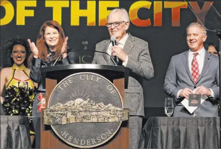  ?? Bizuayehu Tesfaye Las Vegas Review-journal @bizutesfay­e ?? Henderson Mayor Debra March, from left, applauds Thursday as Golden Knights owner Bill Foley speaks and team president Kerry Bubolz listens at the mayor’s annual State of the City address in Henderson.