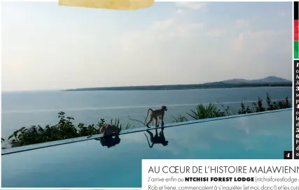  ??  ?? 1. Le soleil se couche sur le lac Malawi. 2. Mon Jimny et moi.
3. La vue depuis ma salle de bain sans porte ni rideau.
4. Les singes se la coulent douce sur le bord de la piscine du Pumulani Lodge. 5. Allo les hippos! 6. Mon guide, Precious, au...