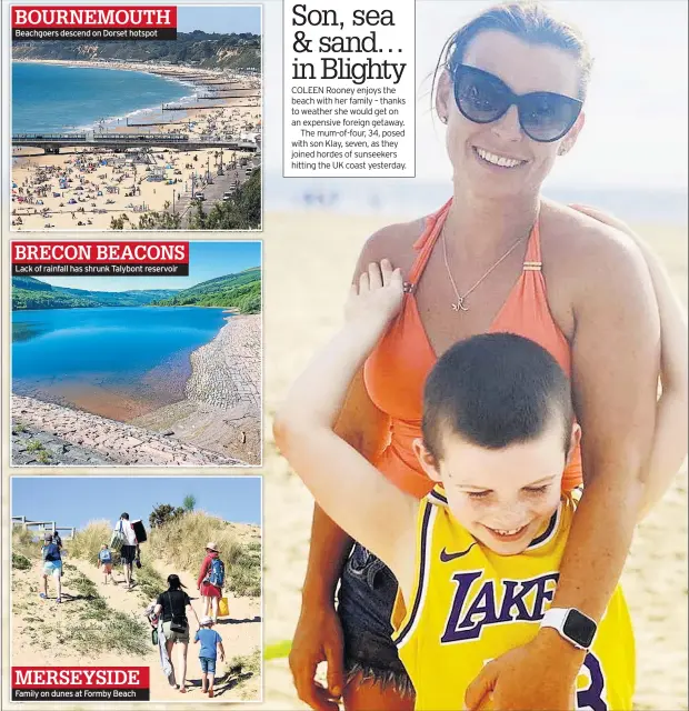  ??  ?? BOURNEMOUT­H Beachgoers descend on Dorset hotspot
BRECON BEACONS Lack of rainfall has shrunk Talybont reservoir
MERSEYSIDE Family on dunes at Formby Beach