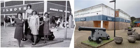  ?? ?? Local landmark: Staff from McIlroys department store pose beside a cannon in the 1970s. Taken over by M&Co, it is now shut