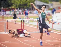  ?? ROBERTO E. ROSALES/JOURNAL ?? Animas’ Job Sarellano, right, rejoices after setting a state record in the boys Class 1A 300-meter intermedia­te hurdles Saturday.