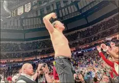  ?? Eric Olson / Associated Press ?? Arkansas coach Eric Musselman reacts after a second-round victory against Kansas in the NCAA Tournament.