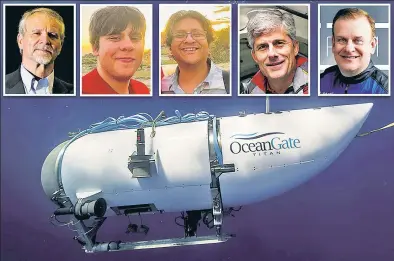  ?? ?? PERILOUS: The five men aboard the Titan submersibl­e — (from top left) Paul-Henri Nargeolet, Sulaiman and Shazada Dawood, Stockton Rush and Hamish Harding — join dozens of adventurer­s who died this year.