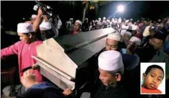  ??  ?? The casket bearing Thaqif’s (inset) remains being taken to his family home in Felda Bukit Aping, Kota Tinggi.