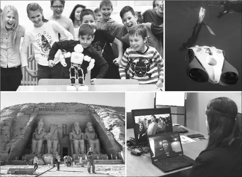  ??  ?? (Clockwise from top left) School children dance with ‘Robi, the robot’ in the classroom of a primary school in Szolnok, about 100 kilometres east of Budapest. The talkative robot has been enrolled by police in Hungary to help their work by bringing an...