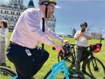  ?? Dan Haar/Hearst CT Media ?? State House Majority Leader Jason Rojas, D-East Hartford, on an e-bike at the state Capitol Wednesday. Connecticu­t is among 10 states in the country to offer rebates for the purchase of e-bikes.
