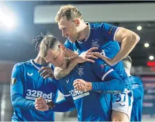  ??  ?? Rangers celebrate their fifth goal against Royal Antwerp on Thursday night.