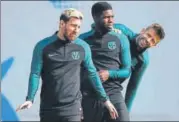  ?? GETTY ?? Gerard Pique (right) has been without regular defence partner Samuel Umtiti (centre), who hasn’t yet recovered from injury.