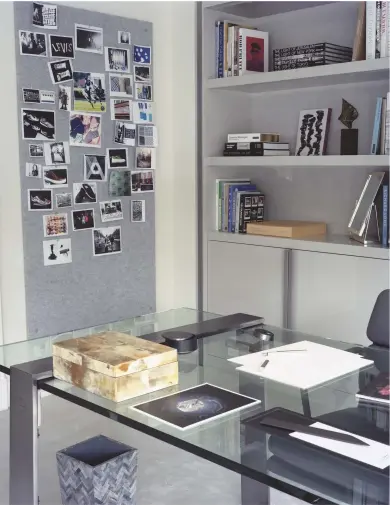  ?? PHOTOGRAPH­Y: TOBIAS HARVEY ?? LEFT, SOLEIMANI’S MOOD BOARD AND RH MODERN DESK AT HIS HOME WORKSPACE IN LONDON. ROUND BLACK BRONZE DESK CASE, CHF1,200 (€1,101); BRONZE SHARPENER, CHF620 (€569); STERLING SILVER ‘925’ FOUNTAIN PEN, CHF2,400 (€2,202); A4 LETTERHEAD IN WHITE CREAM, CHF125 FOR 50 SHEETS, CHF125(€138); BRONZE LETTER OPENER, CHF1,600 (€1,468); BRONZE SHORT TRAY, CHF1,200 (€1,101), ALL BY HIERONYMUS, HIERONYMUS-CP.COM
