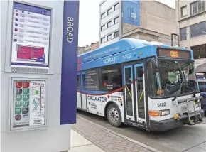  ?? BARBARA J. PERENIC/COLUMBUS DISPATCH ?? COTA buses come and go near stops along Broad and High streets in Downtown Columbus. The Central Ohio Transit Authority is working to hire about 50 more drivers by spring after losing close to 10% of its operators since the pandemic took hold in early 2020.