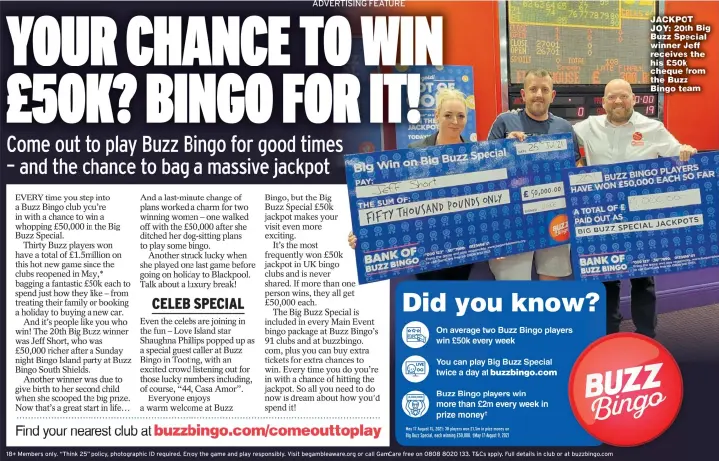  ??  ?? JACKPOT JOY: 20th Big Buzz Special winner Jeff receives the his £50k cheque from the Buzz Bingo team