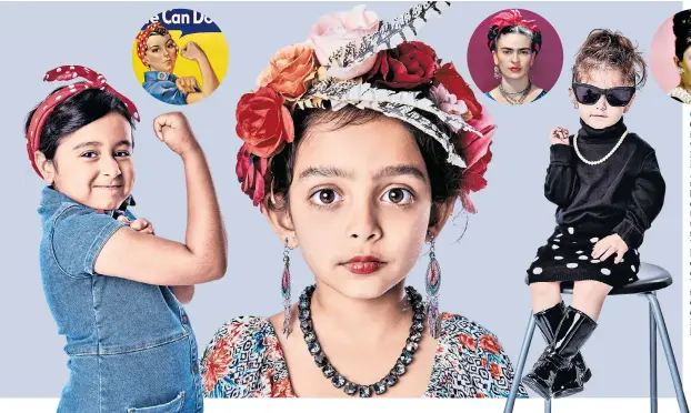 ??  ?? Children mimic inspiratio­nal women, from left, Rosie the Riveter, Frida Kahlo and Audrey Hepburn, to show what can be achieved if children are given the chance to grow up. The photo shoot by Andy Whelan, who lost his daughter to cancer in 2016, was commission­ed by World Child Cancer to raise awareness of the gender divide in Bangladesh’s healthcare system.