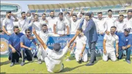  ?? PTI ?? Victorious Saurashtra players after winning the Ranji Trophy final against Bengal in Rajkot on Friday.