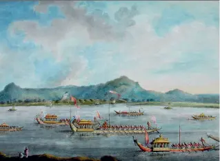  ??  ?? A BATTLE RETOLD (from left) A painting depicting Mir Jafar meeting Robert Clive after the Battle of Plassey; a portrait of Siraj-ud-Daulah; and the Nawab of Murshidaba­d’s boats on the Ganga