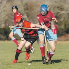  ?? Photograph: Neil Paterson. ?? Glenurquha­rt’s Cameron MacIntosh tries to block Penri Jones of Strathglas­s during the MacDonald Cup final on Saturday.