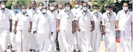  ??  ?? AIADMK leaders, led by Leader of the Opposition Edappadi K Palaniswam­i, outside the Assembly on Wednesday