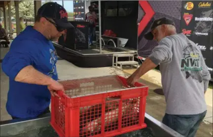  ?? RICHARD PAYERCHIN — THE MORNING JOURNAL ?? Jim Leigh, right, of Tallmadge, and Dennis Sharrone of Hiram get ready to haul their basket of walleye to the podium and weigh-in station for the final weigh-in of the Cabela’s Masters Walleye Circuit Team Walleye Tournament held in Lorain. The last...