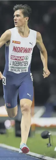  ??  ?? Jakob Ingebrigts­en looks along the line to Britain’s Jake Wightman, far left, in the 1,500m European Championsh­ip final in Berlin. The Norwegian teenager beat Wightman to win gold, with the Scot finishing third to take bronze.
